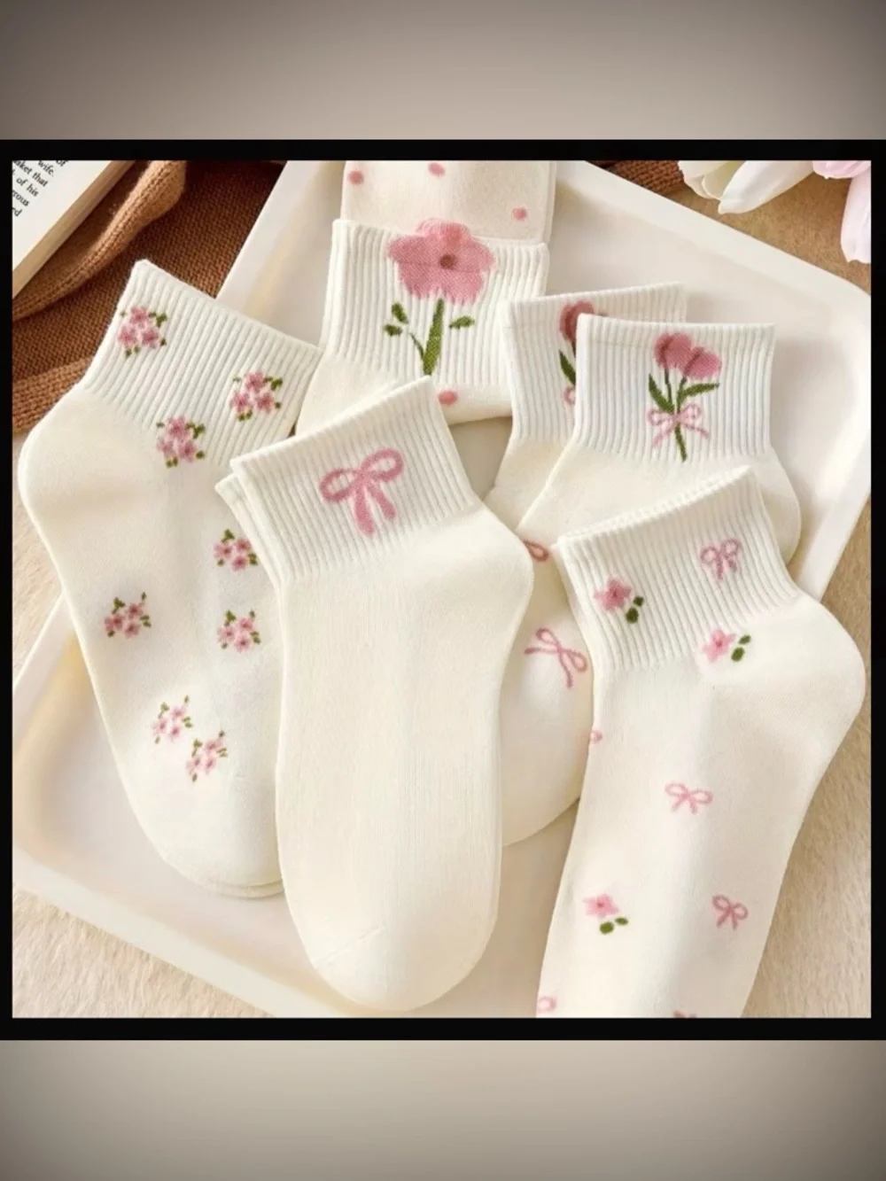 New 5 Pairs Floral Butterfly Print Ankle Socks White & Pink Ribbed Elastic Cuff